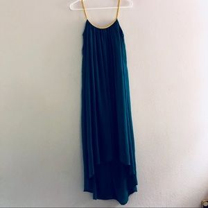 Teal chiffon dress with gold leather straps